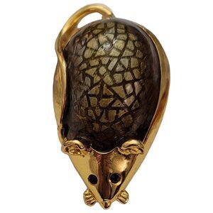 SJ Gold Tone Vintage Green Textured Resin Enamel Mouse Brooch Pin, Signed E630
